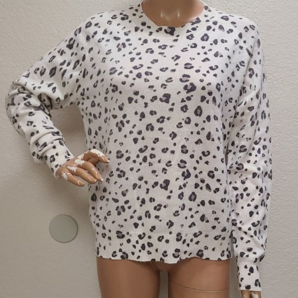 NEW! 27 MILES MALIBU 100% CASHMERE PULLOVER SWEATER IVORY LEOPARD PRINT sz L